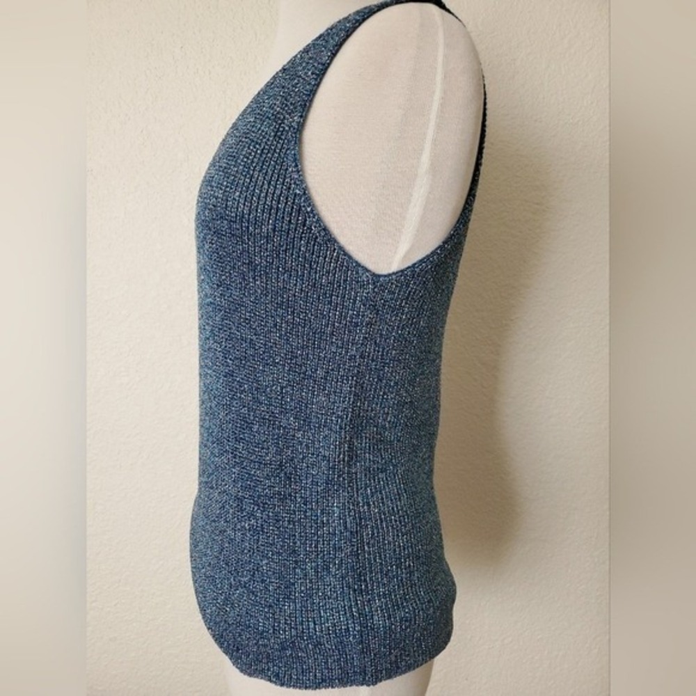Vintage 90s Blue Crochet Knit Tank Christine Phillipe Sleeveless Shimmer Top M - Picture 6 of 14